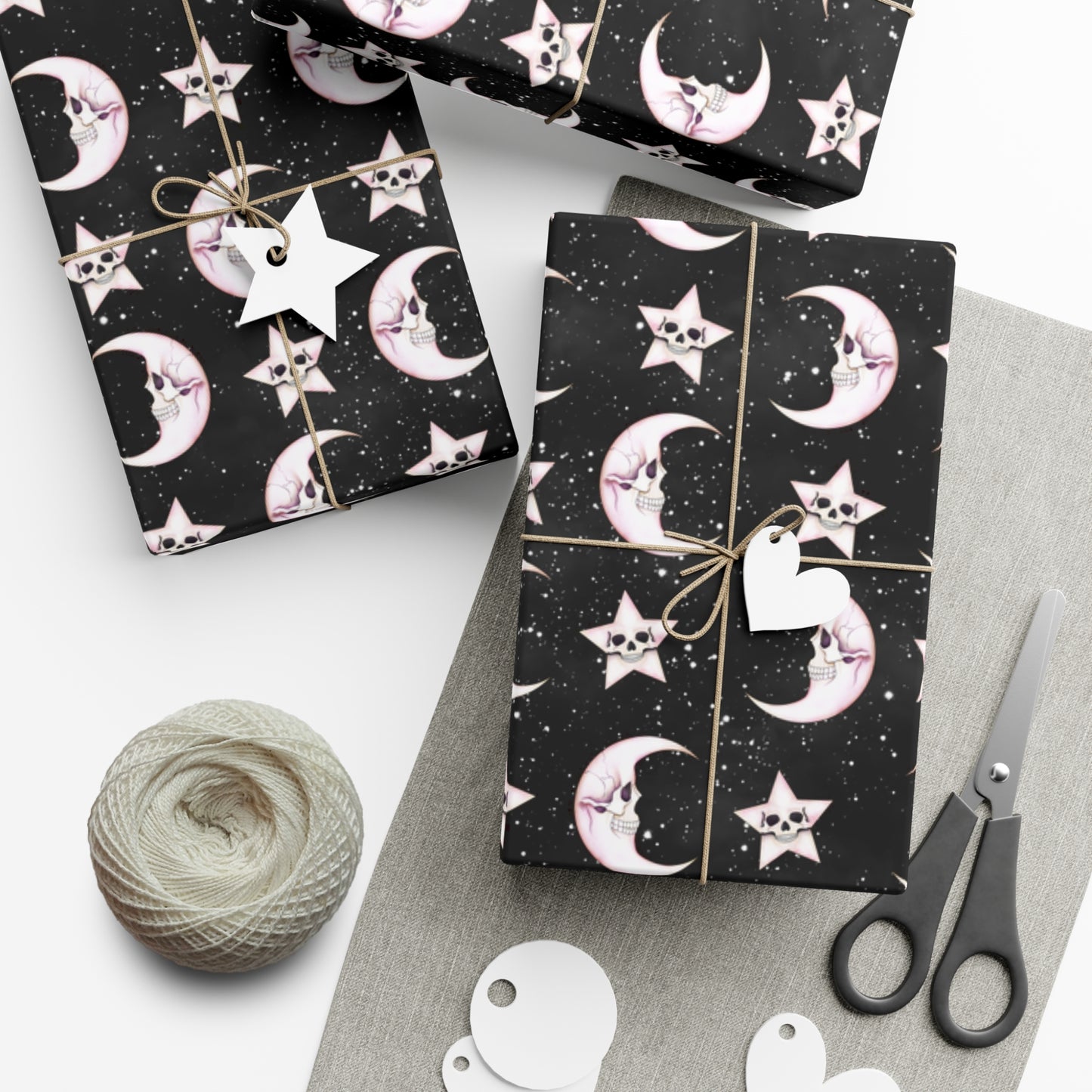 Goth Christmas Celestial Moon & Stars, Whimsical Kawaii Creepmas Black Eco-Friendly Gift Wrap