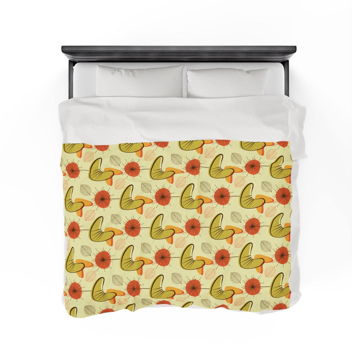 Retro Atomic Boomerangs & Leaves MCM Orange, Green & Yellow Lightweight Velveteen Blanket | lovevisionkarma.com