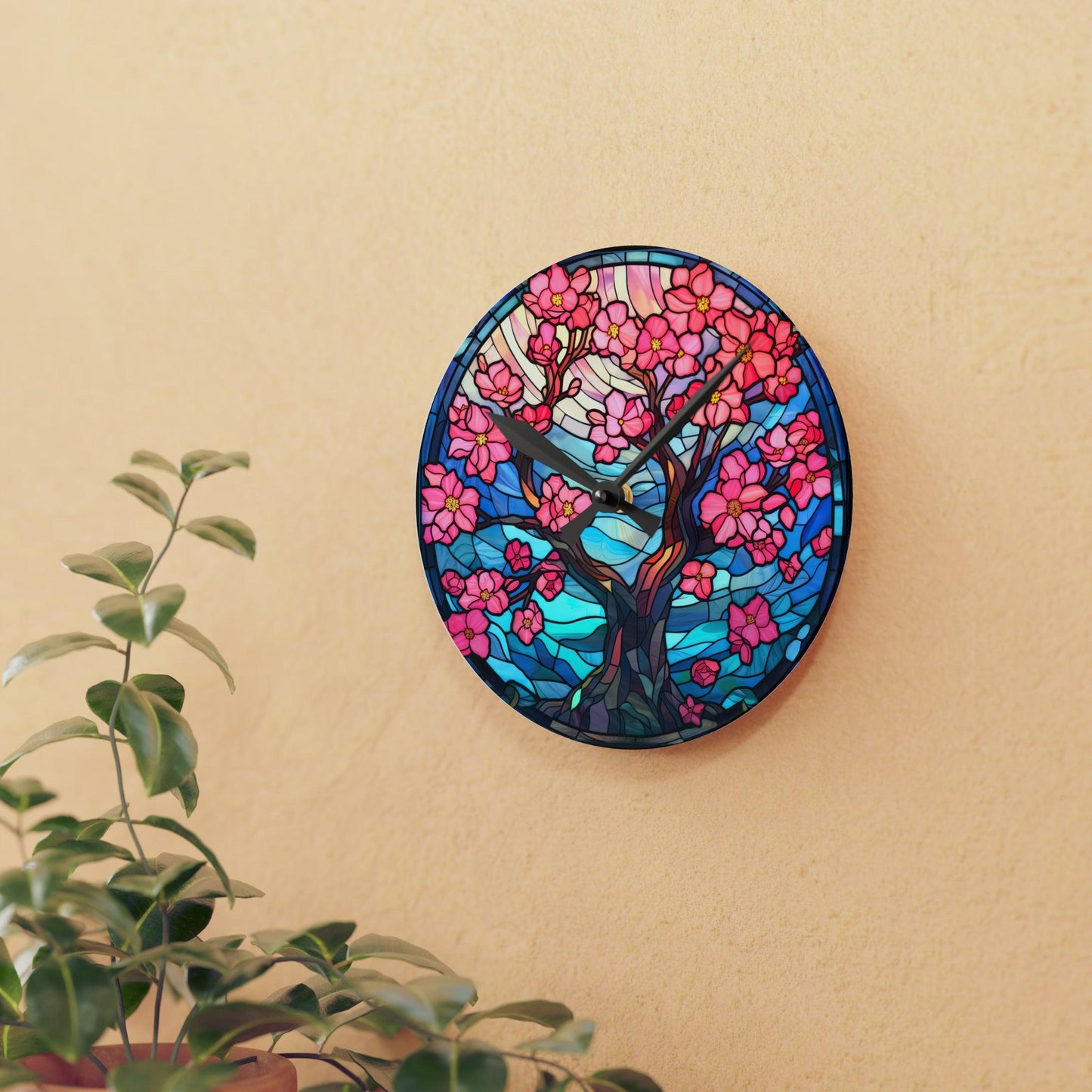 Cherry Blossom Tree Stained Glass Inspired, Sakura Pink & Blue Acrylic Wall Clock | lovevisionkarma.com