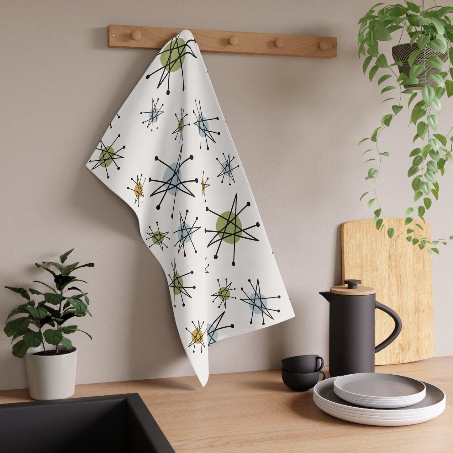 Retro 50s Starburst Mid Century Mod Franciscan Inspired Multicolor Kitchen Tea Towel | lovevisionkarma.com
