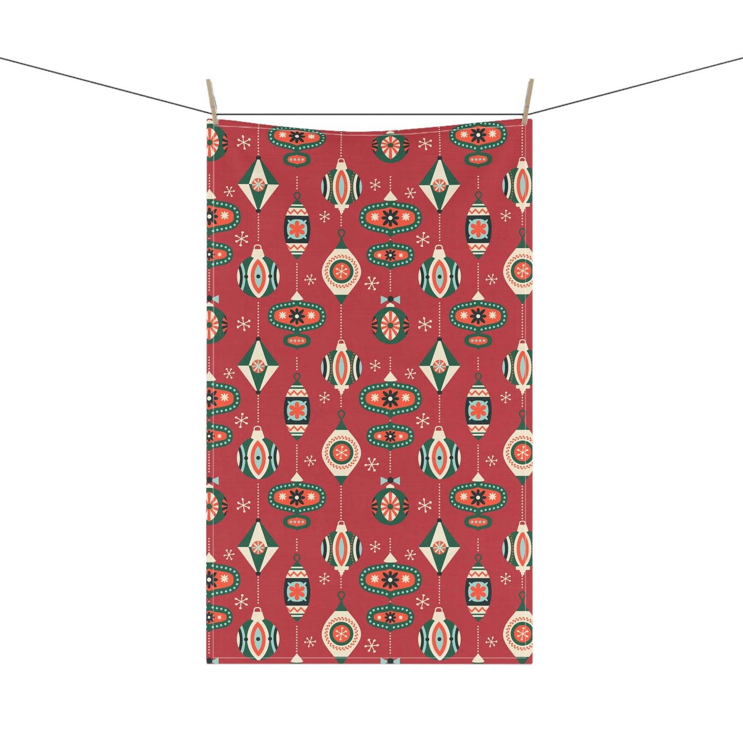 Retro 1950's Christmas Mid Century Modern Baubles & Ornaments Red Kitchen Tea Towel | lovevisionkarma.com