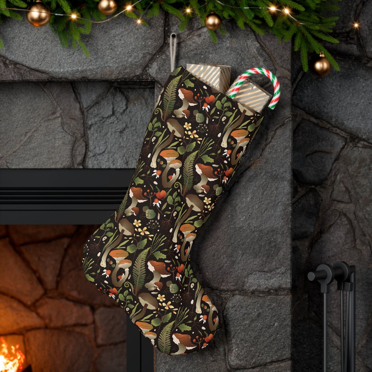 Mushroom Enchanted Forest Christmas, Witchy Cottagecore Black Stocking