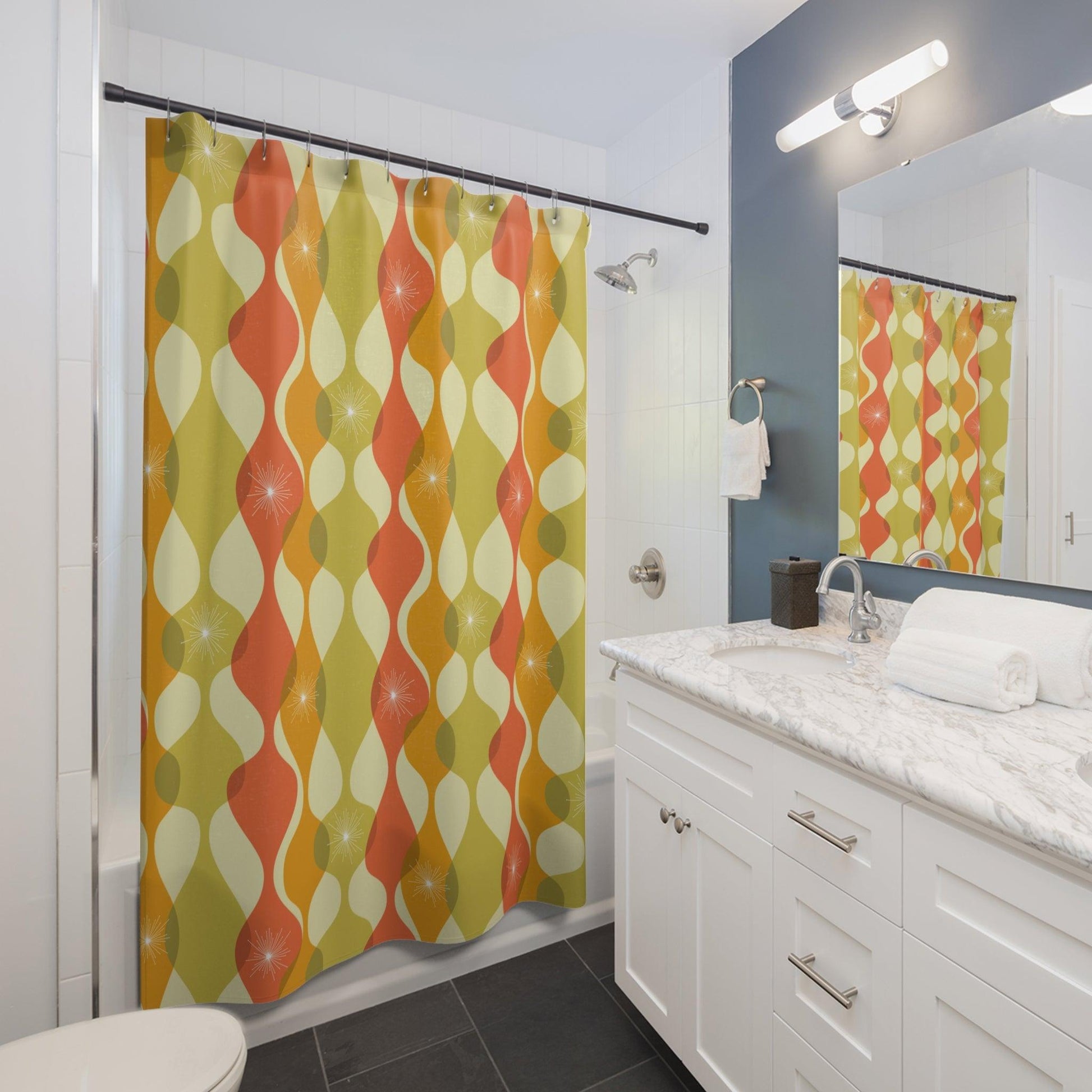 Retro 60s 70s Mid Century Mod Abstract Green, Orange & Mustard Shower Curtain | lovevisionkarma.com
