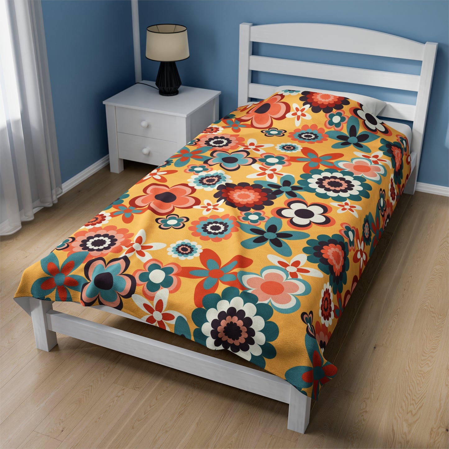 Retro 60s 70s Groovy Flowers Boho MCM Yellow, Coral & Blue Velveteen Lightweight Blanket