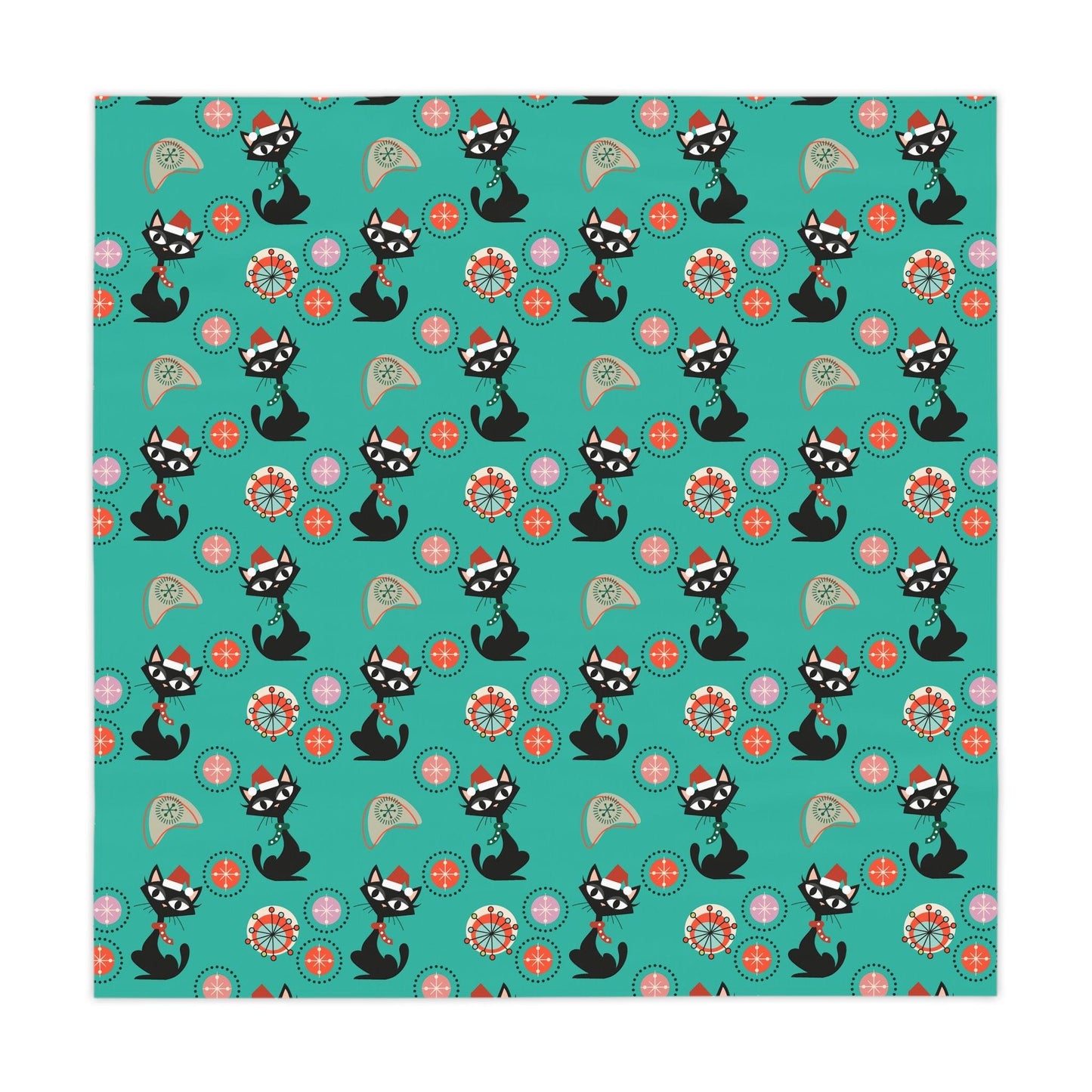 Retro Atomic Cat 1950s Christmas Mid Century Mod Teal Blue Tablecloth | lovevisionkarma.com