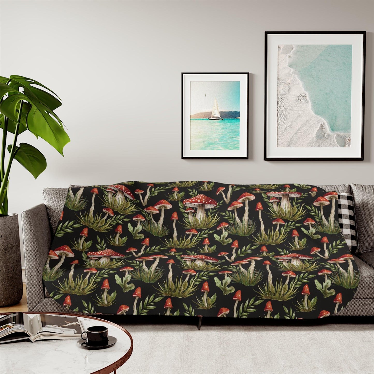 Amanita Muscaria Mushroom, Dark Cottagecore Boho Watercolor Black Sherpa Blanket | lovevisionkarma.com