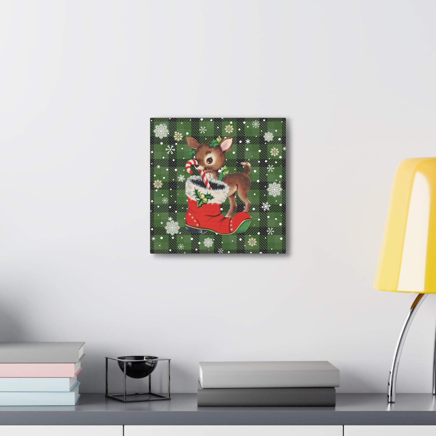 Retro 50s Christmas Vintage Reindeer MCM Green Canvas Gallery Wrap