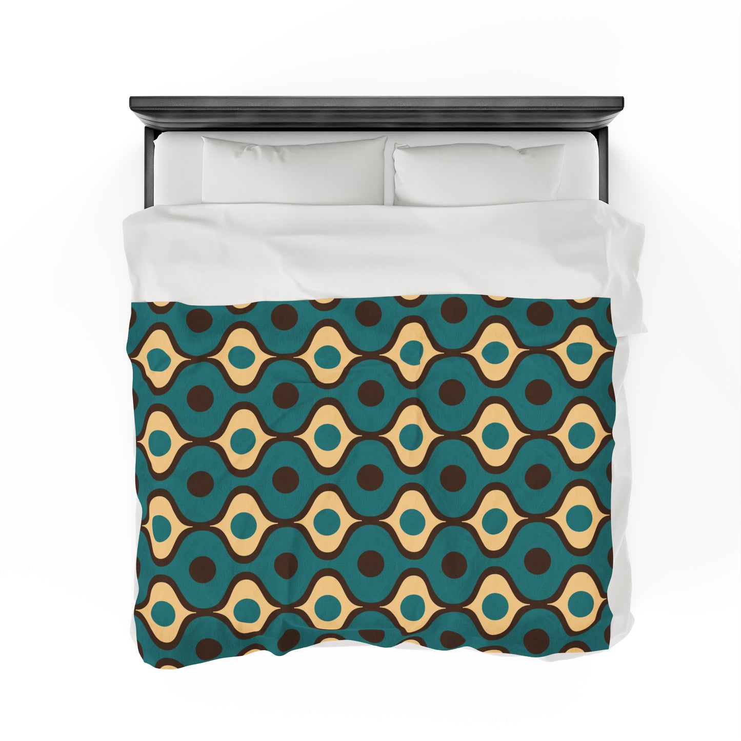 Retro 60s 70s Mid Century Mod Funky Geo Blue, Cream & Brown Lightweight Velveteen Blanket
