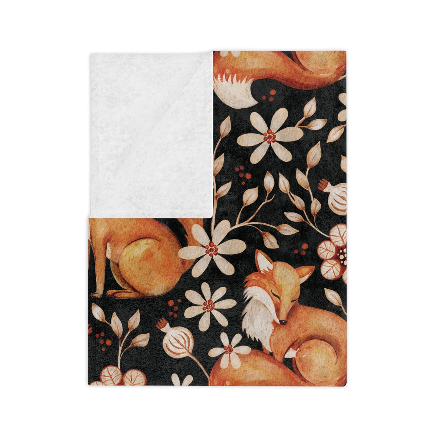 Enchanted Woodland Fox, Floral Dark Cottagecore Watercolor Style, Black Velveteen Microfiber Blanket
