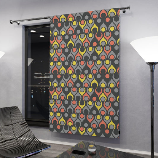 Retro Mid Century Funky Geometric Black, Gray, Yellow & Coral Blackout Window Curtain | lovevisionkarma.com