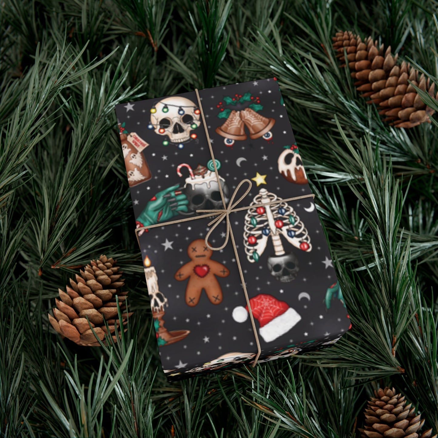 Kitschy Kawaii Goth Christmas, Creepy Cute Whimsigoth Creepmas Black Eco-Friendly Gift Wrap Paper