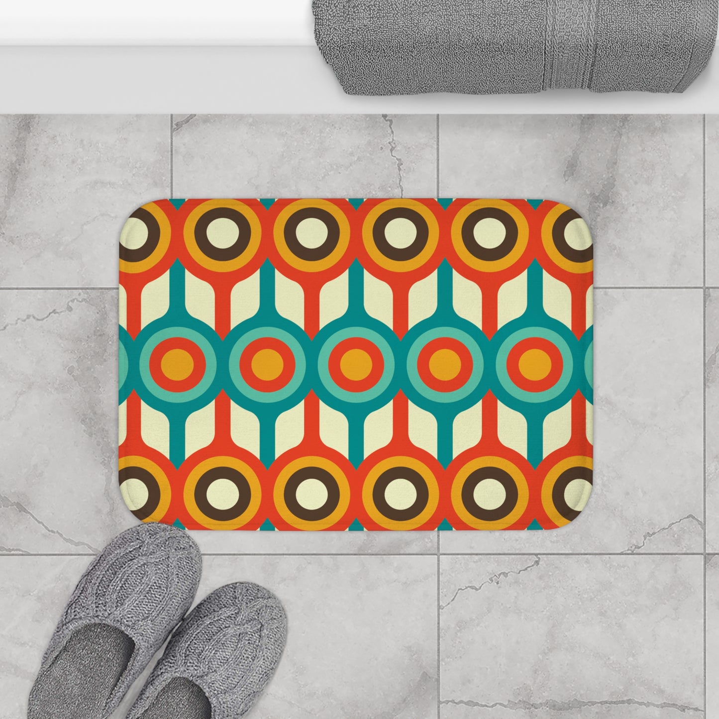 Retro 50s 60s Mid Century Circles Blue, Orange & Brown Bath Mat