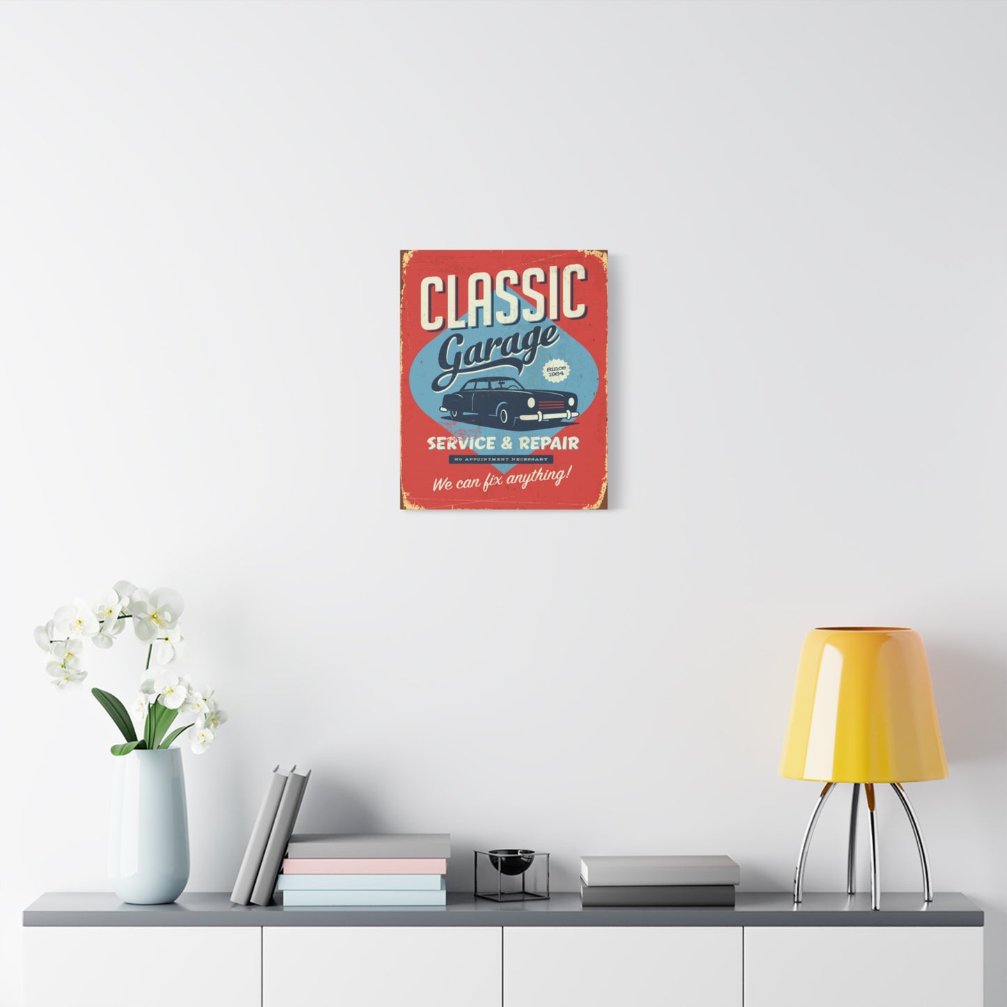 Retro 1950's Classic Car Garage Sign Mid Century Modern Orange & Blue Canvas Wall Art