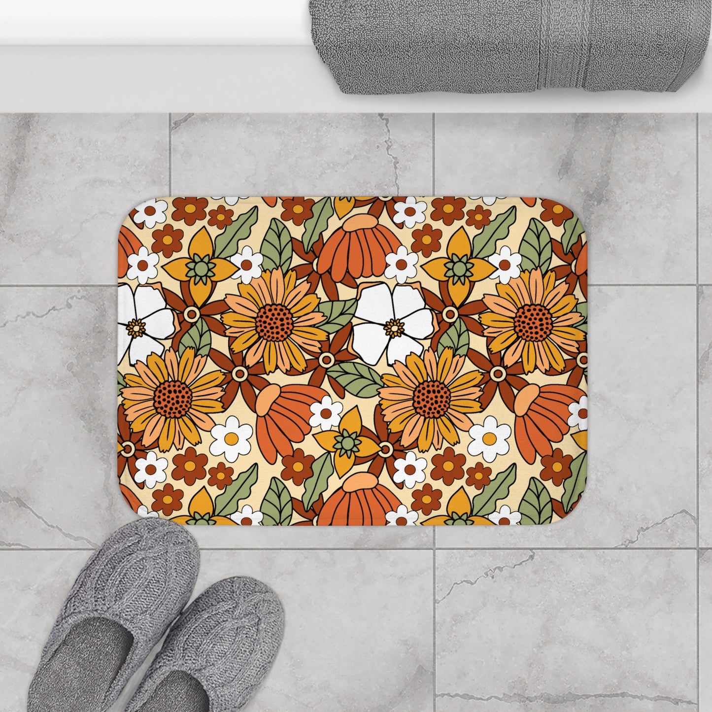 Retro 60s 70s Boho Flowers Multicolor Bath Mat