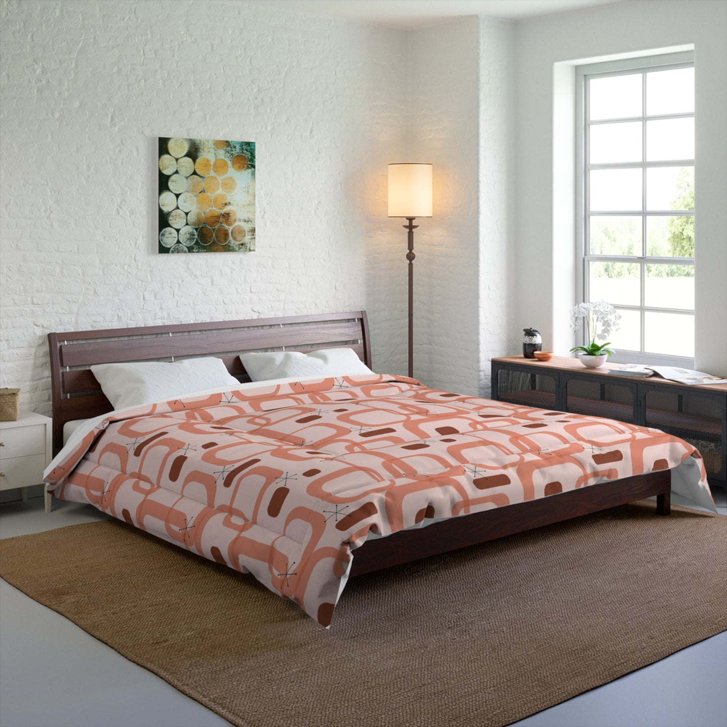 Retro 50s Atomic Starbursts & Loops Mid Century Mod Pink Comforter