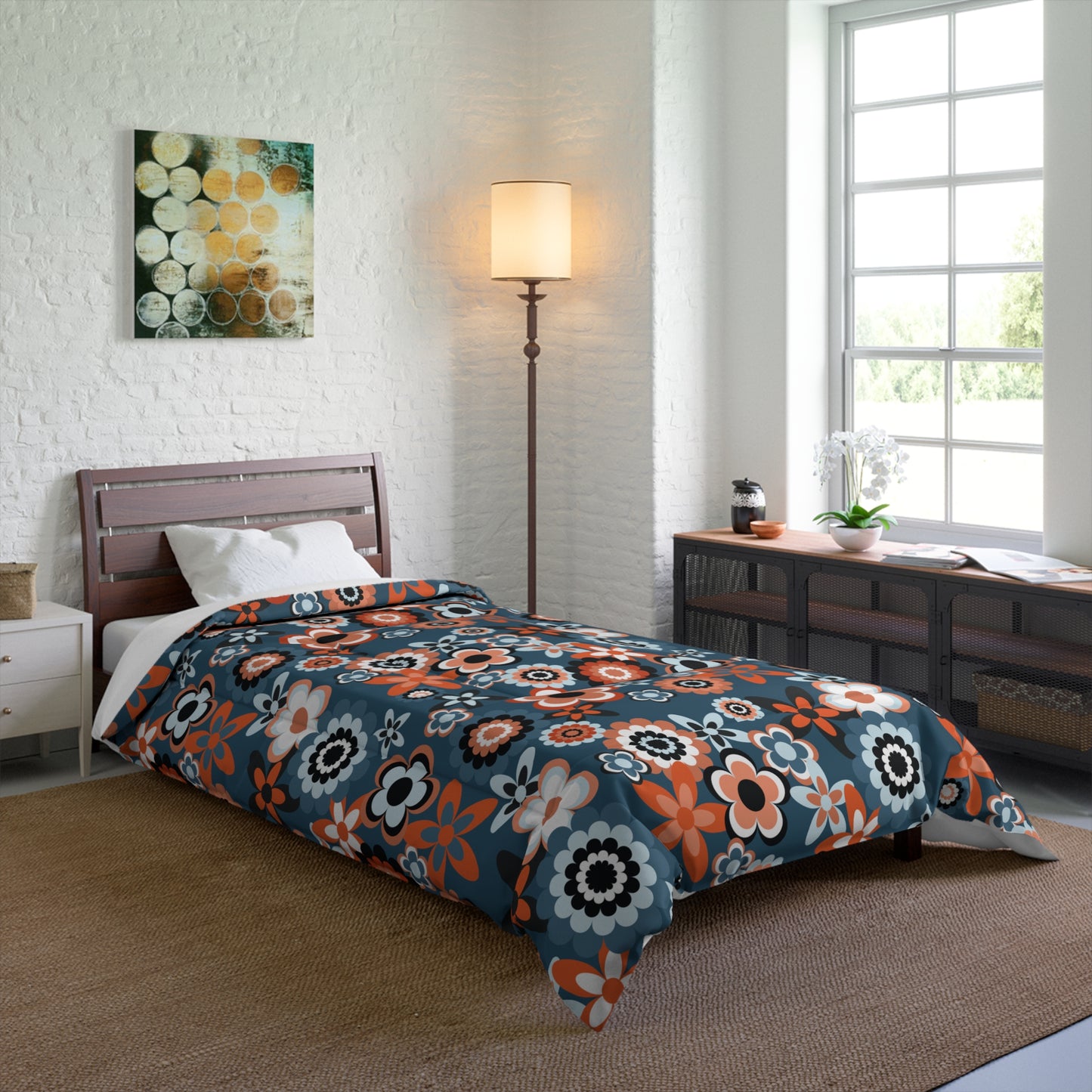 Retro 60s 70s Groovy Flowers Mid Century Mod Coral & Blue Comforter