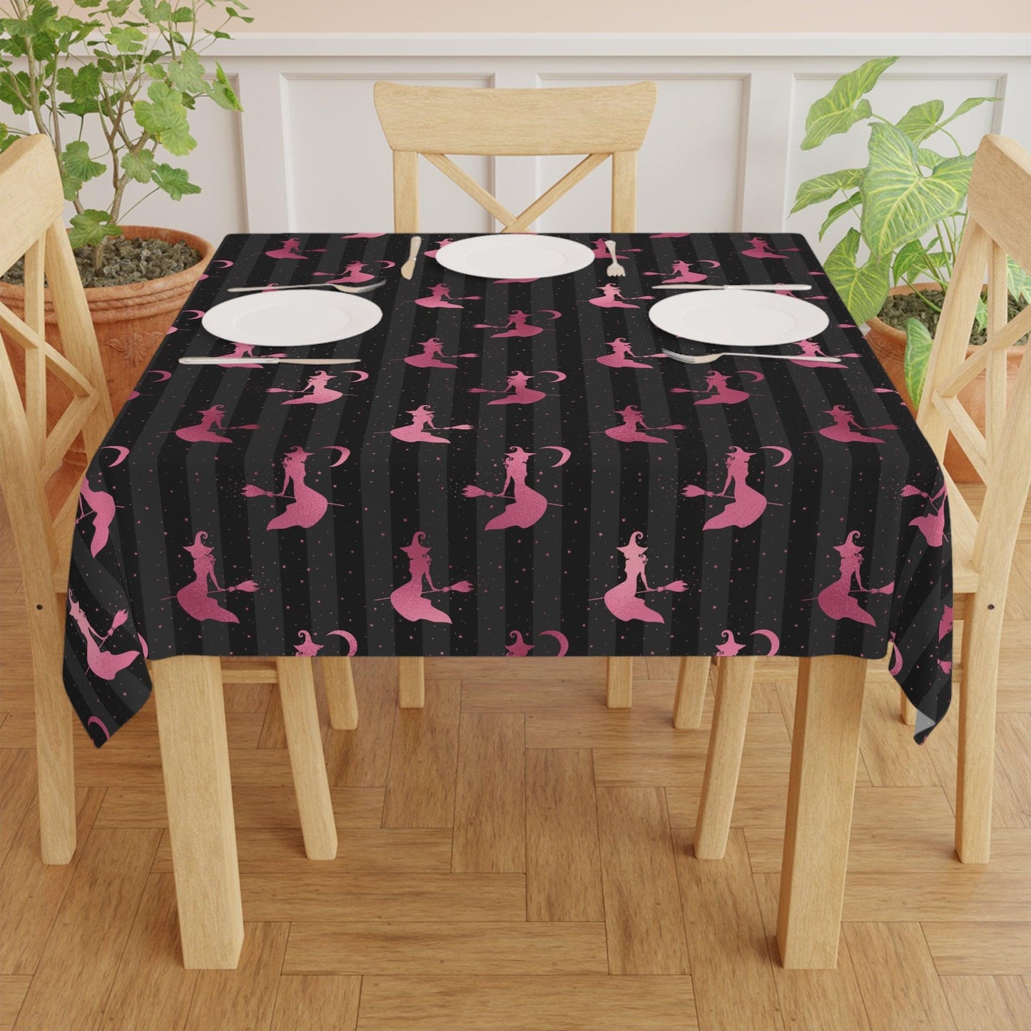 Flying Witch Silhouette Glam Goth Halloween Pink and Black Tablecloth | lovevisionkarma.com