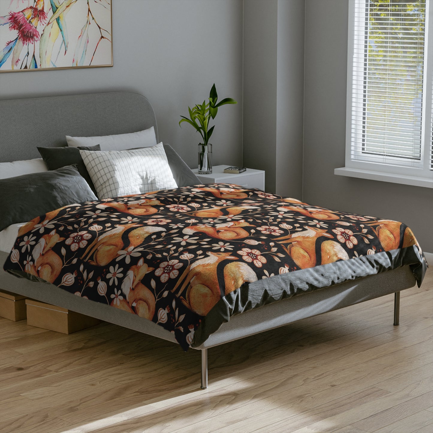 Enchanted Woodland Fox, Floral Dark Cottagecore Watercolor Style, Black Velveteen Microfiber Blanket