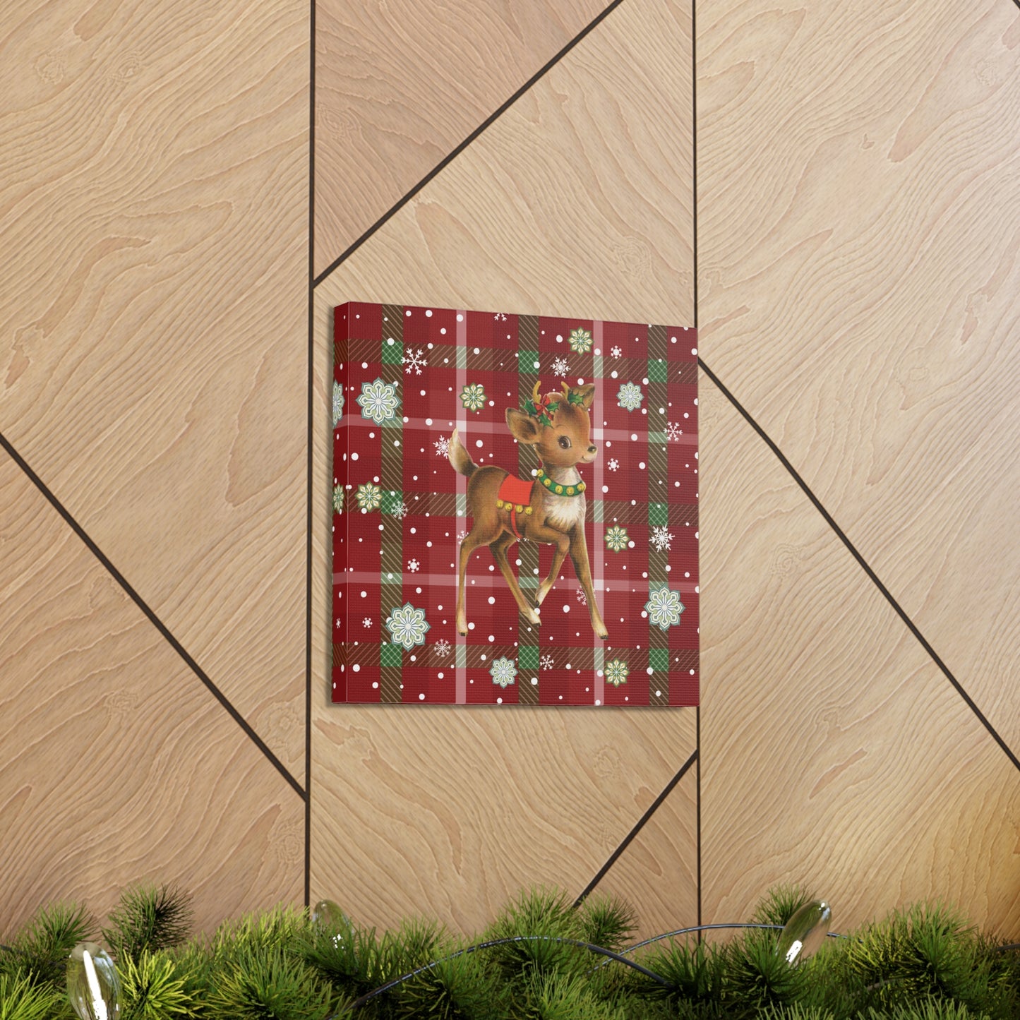 Retro 50's Christmas Vintage Reindeer MCM Red & Green Canvas Gallery Wrap