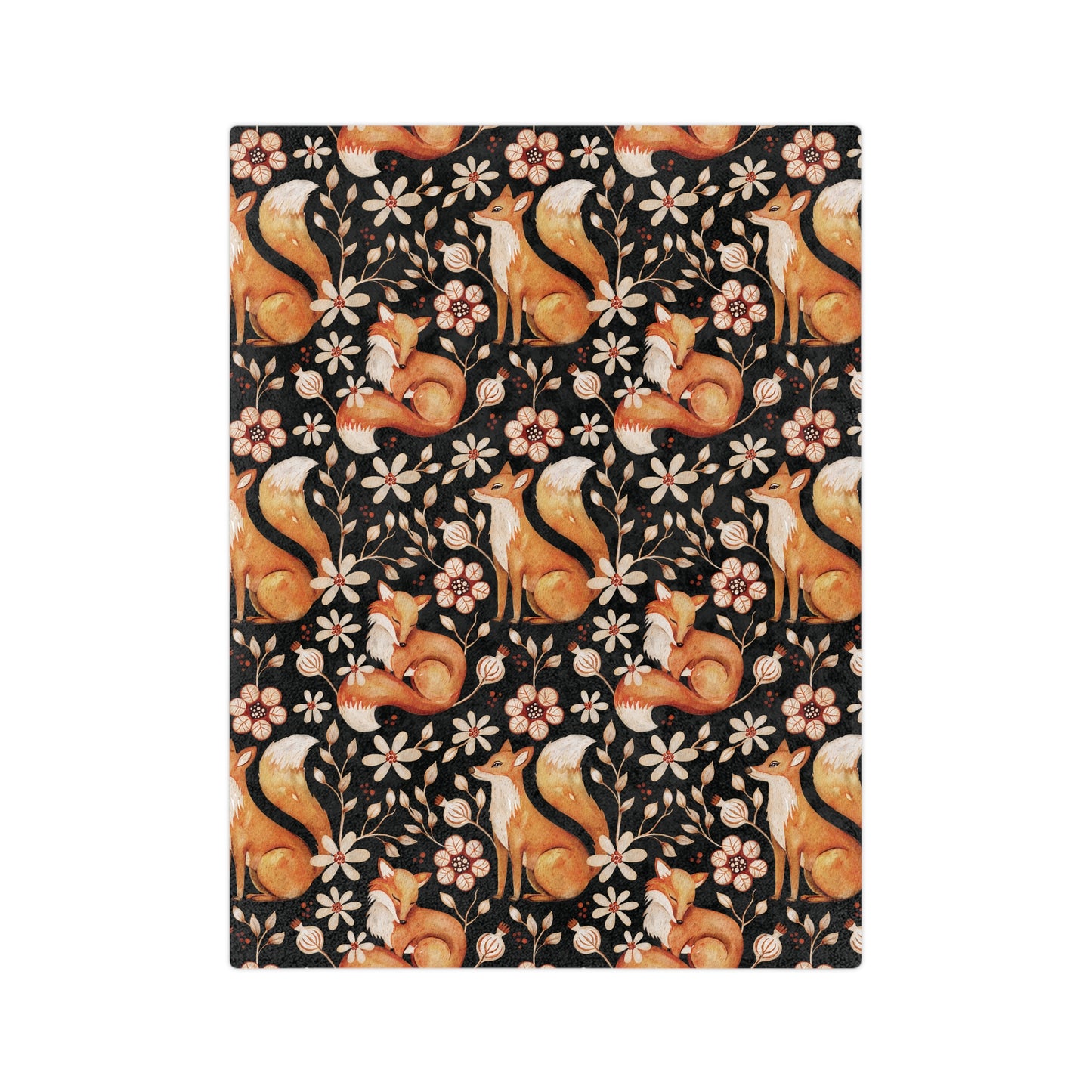 Enchanted Woodland Fox, Floral Dark Cottagecore Watercolor Style, Black Velveteen Microfiber Blanket