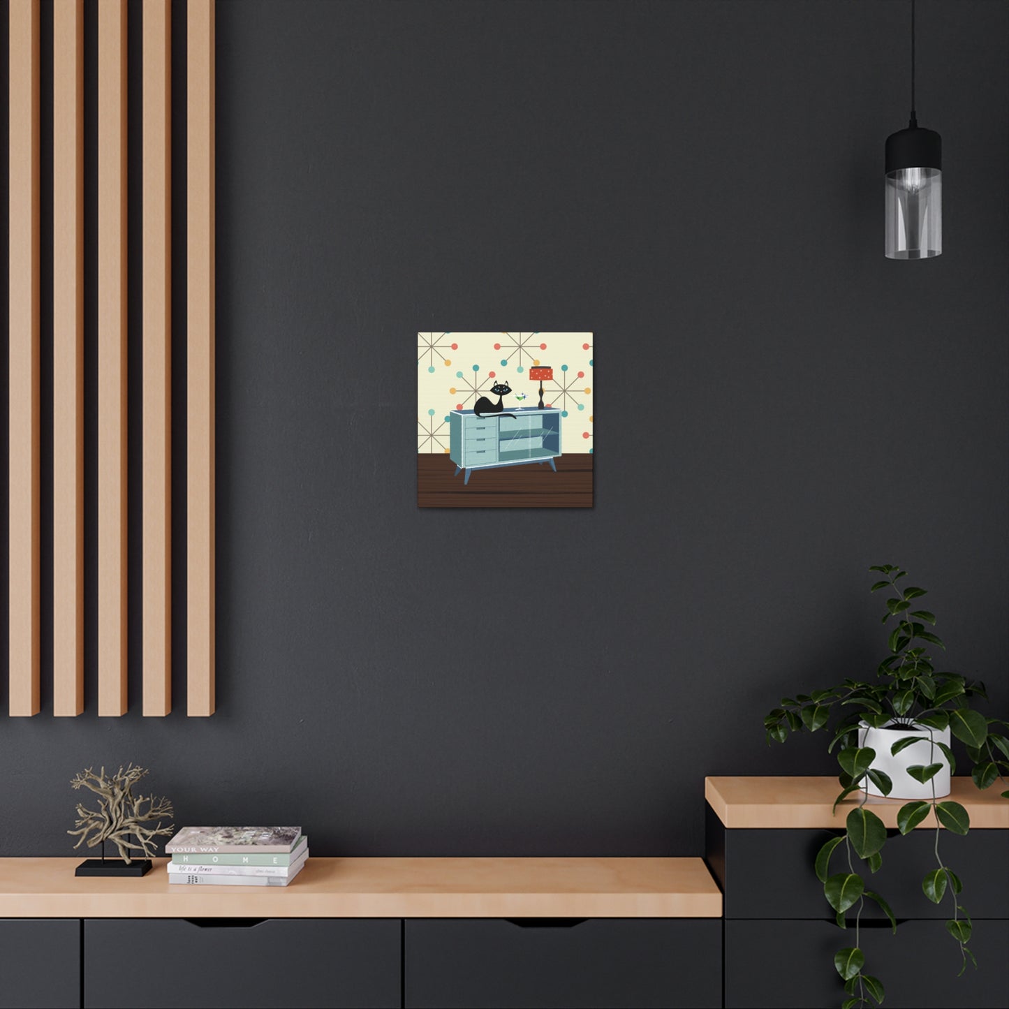 Retro 50s Atomic Cat Lounging Mid Century Mod Multicolor Canvas Gallery Wrap