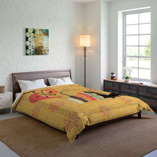Atomic Cat Mid Century Mod Starburst Retro Yellow Comforter | lovevisionkarma.com
