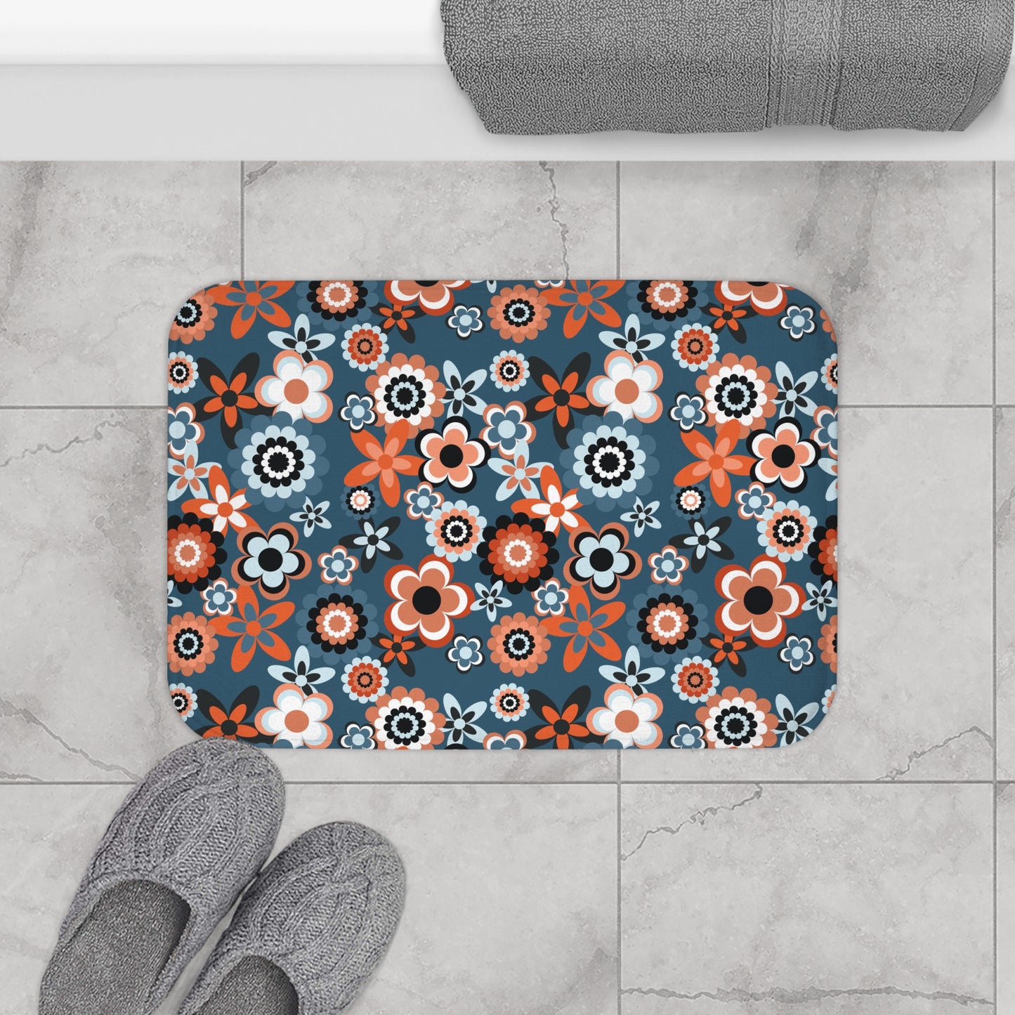 Retro 60s 70s Groovy Flowers Boho Mid Century Mod Coral & Blue Bath Mat