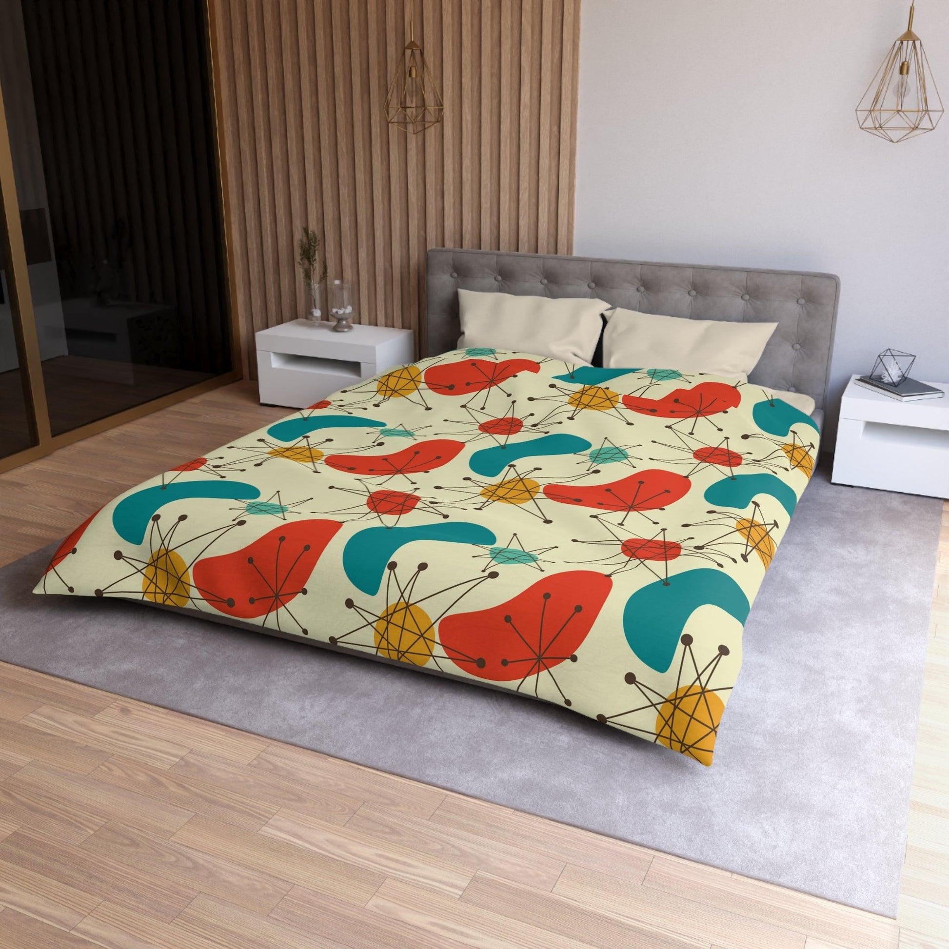 Retro Atomic Boomerang 50s 60s Blue & Orange Mid Century Modern Duvet Cover | lovevisionkarma.com