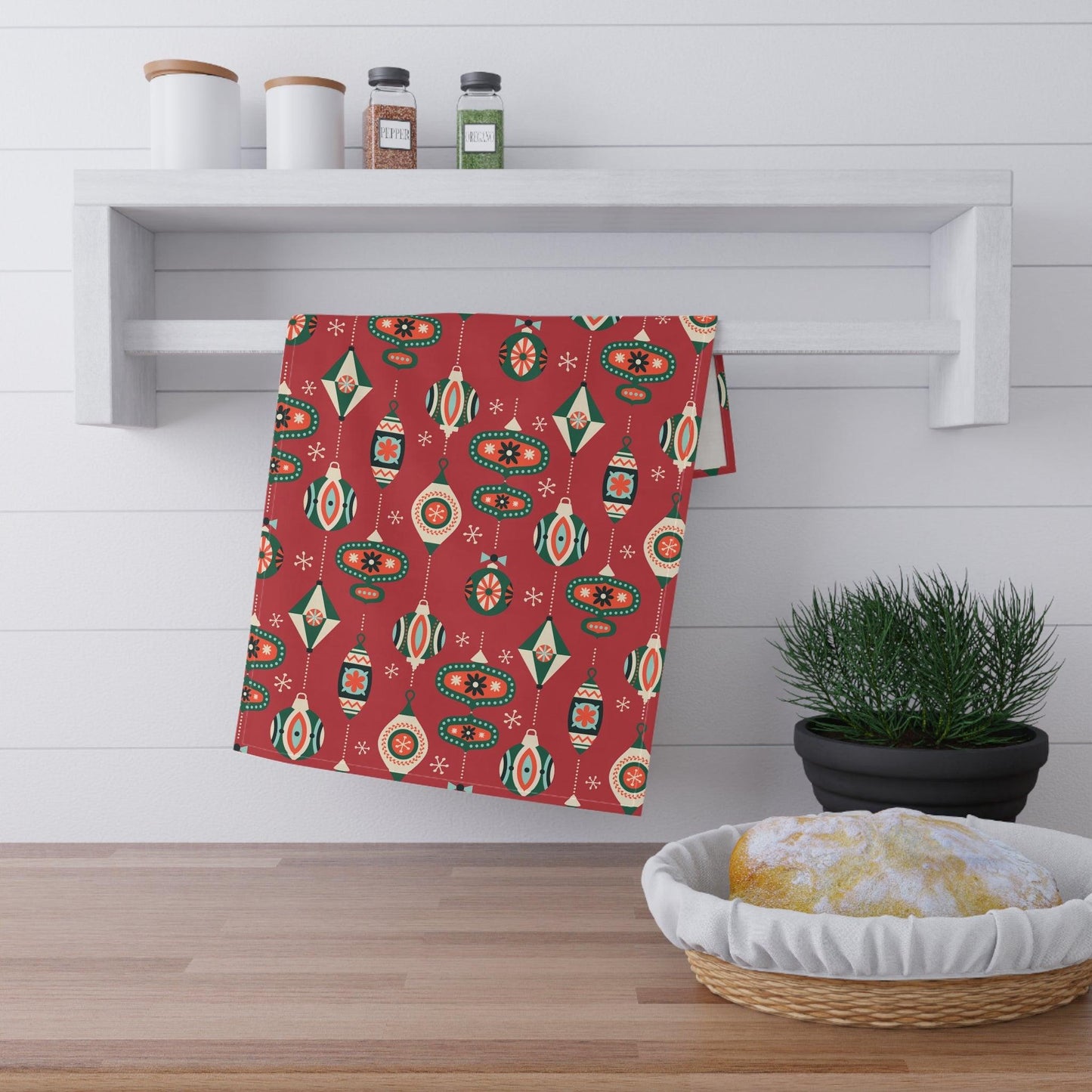 Retro 1950's Christmas Mid Century Modern Baubles & Ornaments Red Kitchen Tea Towel | lovevisionkarma.com