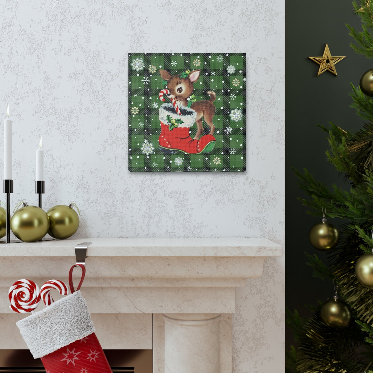 Retro 50s Christmas Vintage Reindeer MCM Green Canvas Gallery Wrap