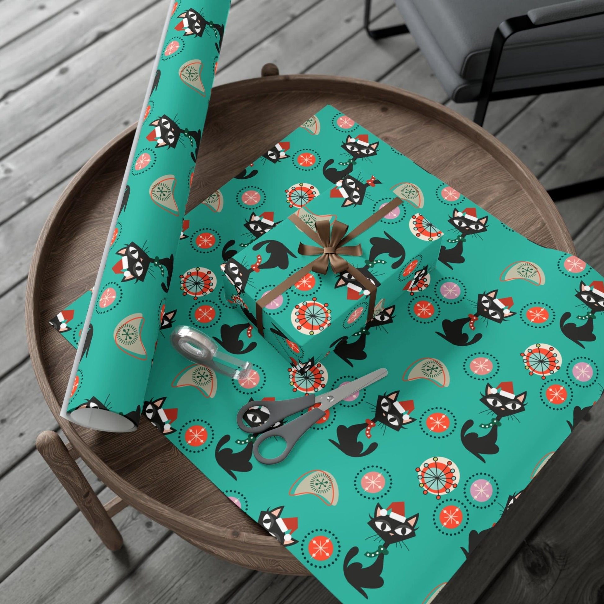Retro 50's Atomic Cat Christmas Kitschy Mid Century Modern Teal Blue Eco-Friendly Wrapping Paper | lovevisionkarma.com