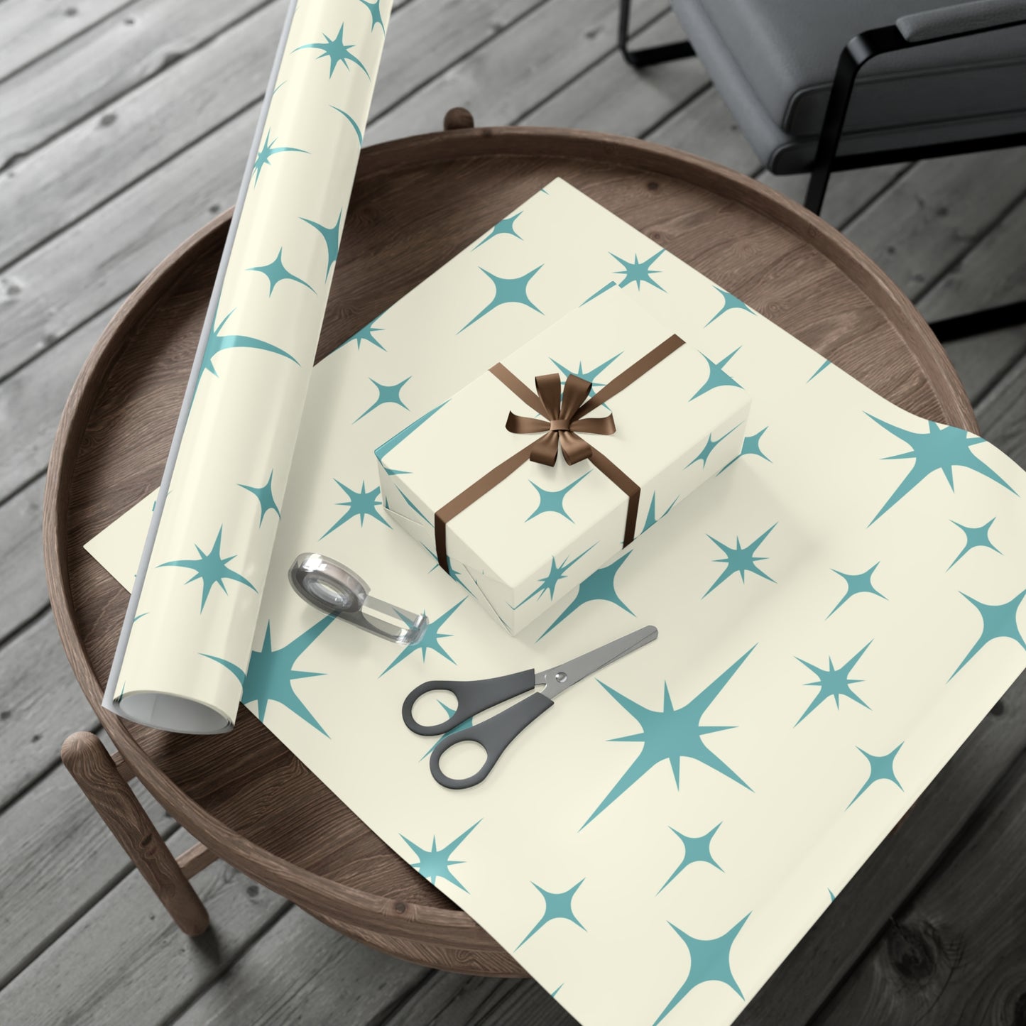 Large Starburst Version of Retro Atomic Starburst MCM Off-White & Blue Gift Wrapping Paper