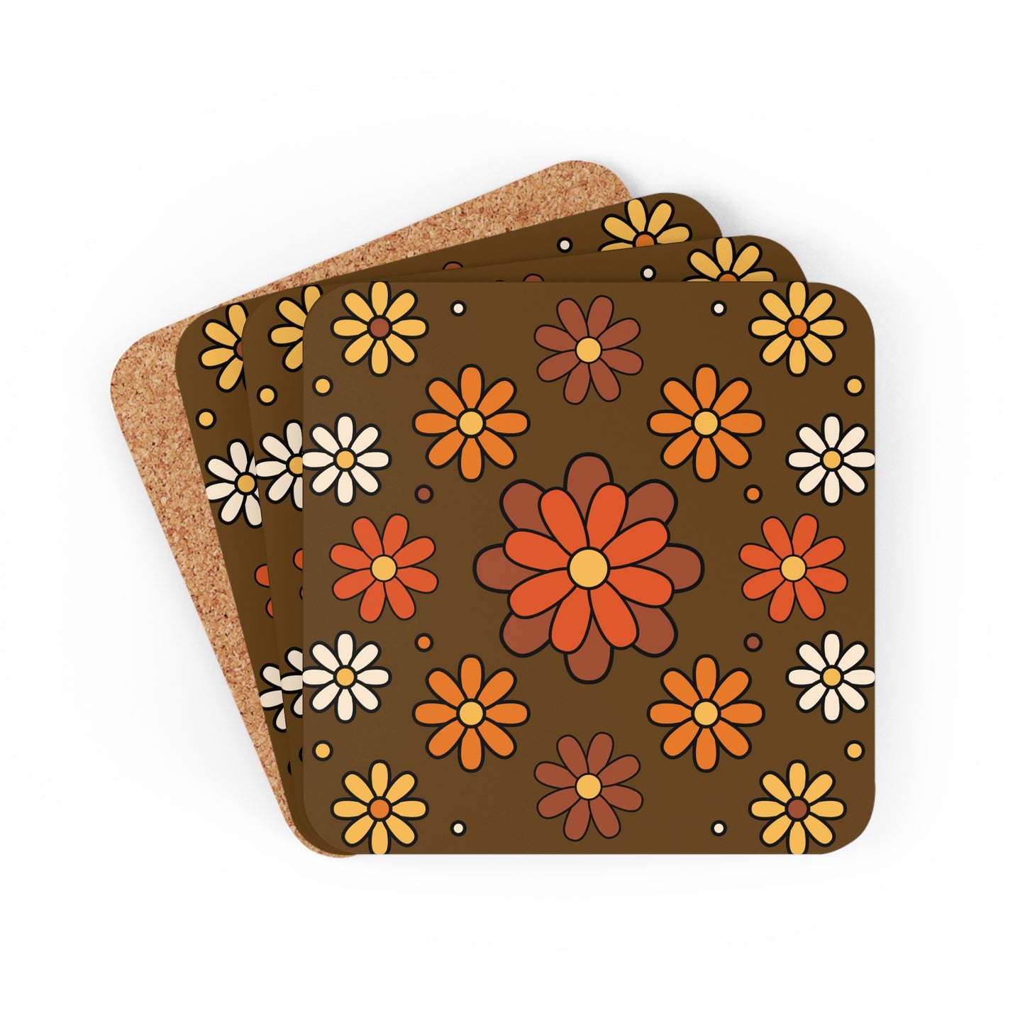 Retro 60s 70s Groovy Mod Daisy Mid Century Brown, Orange & Mustard Coaster Set