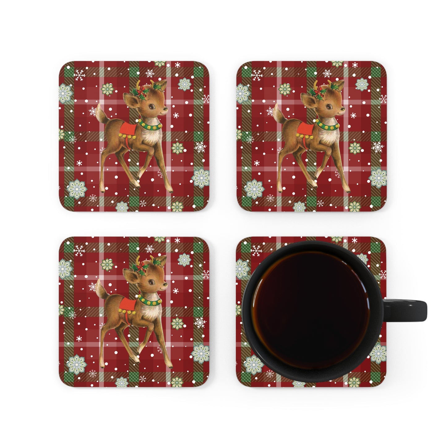 Retro 50's Christmas Vintage Reindeer MCM Red & Green Coaster Set