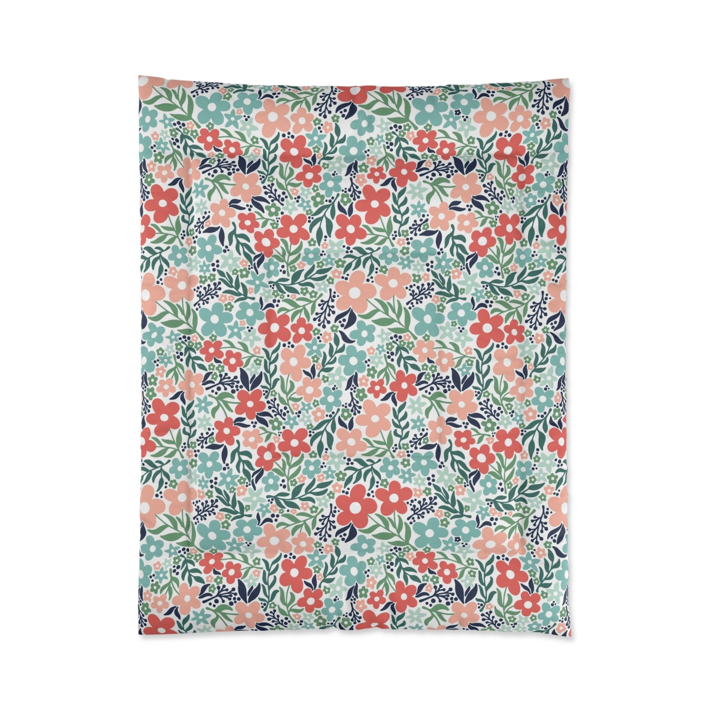 Retro Minimalist Scandi Flowers Cottagecore MCM Vintage Inspired Coral & Teal Comforter