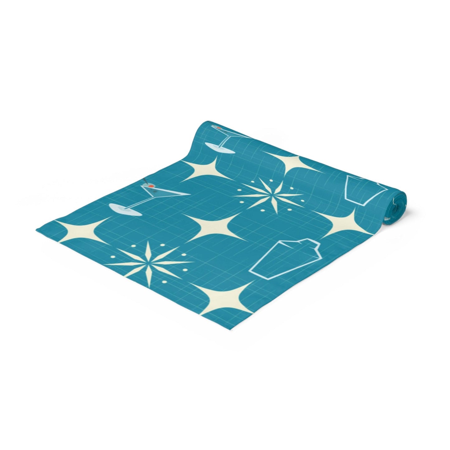 Atomic Mid Century Mod Table Runner - Starburst & Martini Blue Retro Table Linens | lovevisionkarma.com