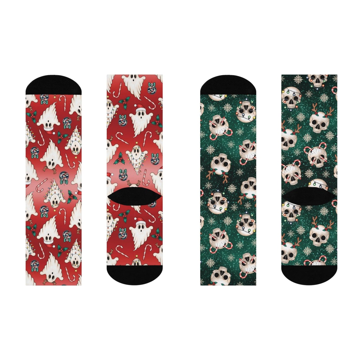 Christmas Ghosts and Skulls Mismatched Gothmas Red and Green Creepmas Cushioned Crew Socks | lovevisionkarma.com