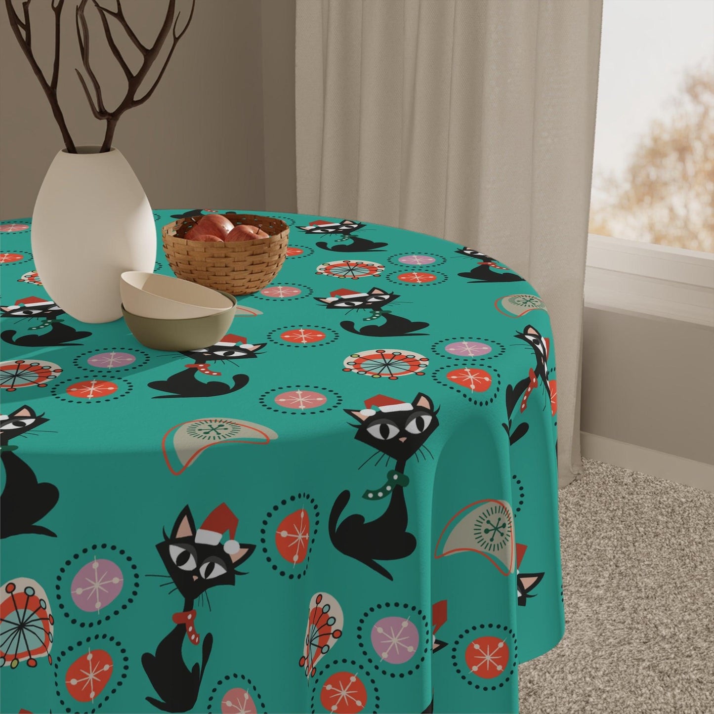 Retro Atomic Cat 1950s Christmas Mid Century Mod Teal Blue Tablecloth | lovevisionkarma.com