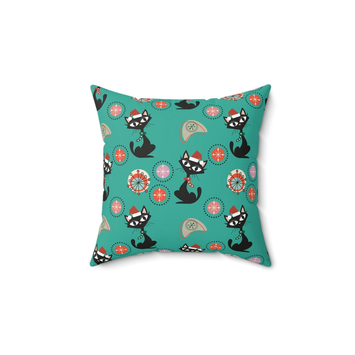 Retro Atomic Cats 1950's Christmas Mid Century Mod Teal Blue Throw Pillow | lovevisionkarma.com