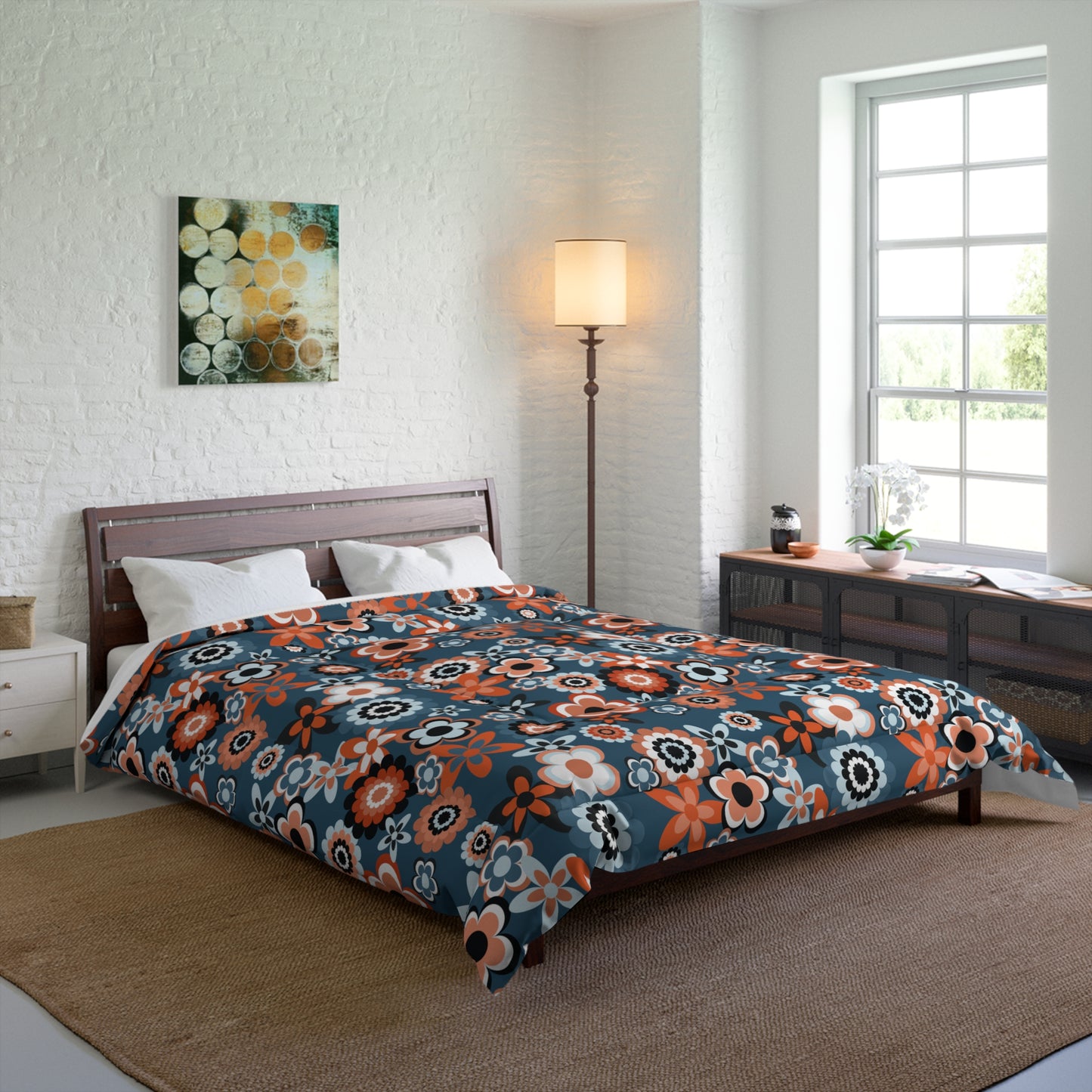 Retro 60s 70s Groovy Flowers Mid Century Mod Coral & Blue Comforter