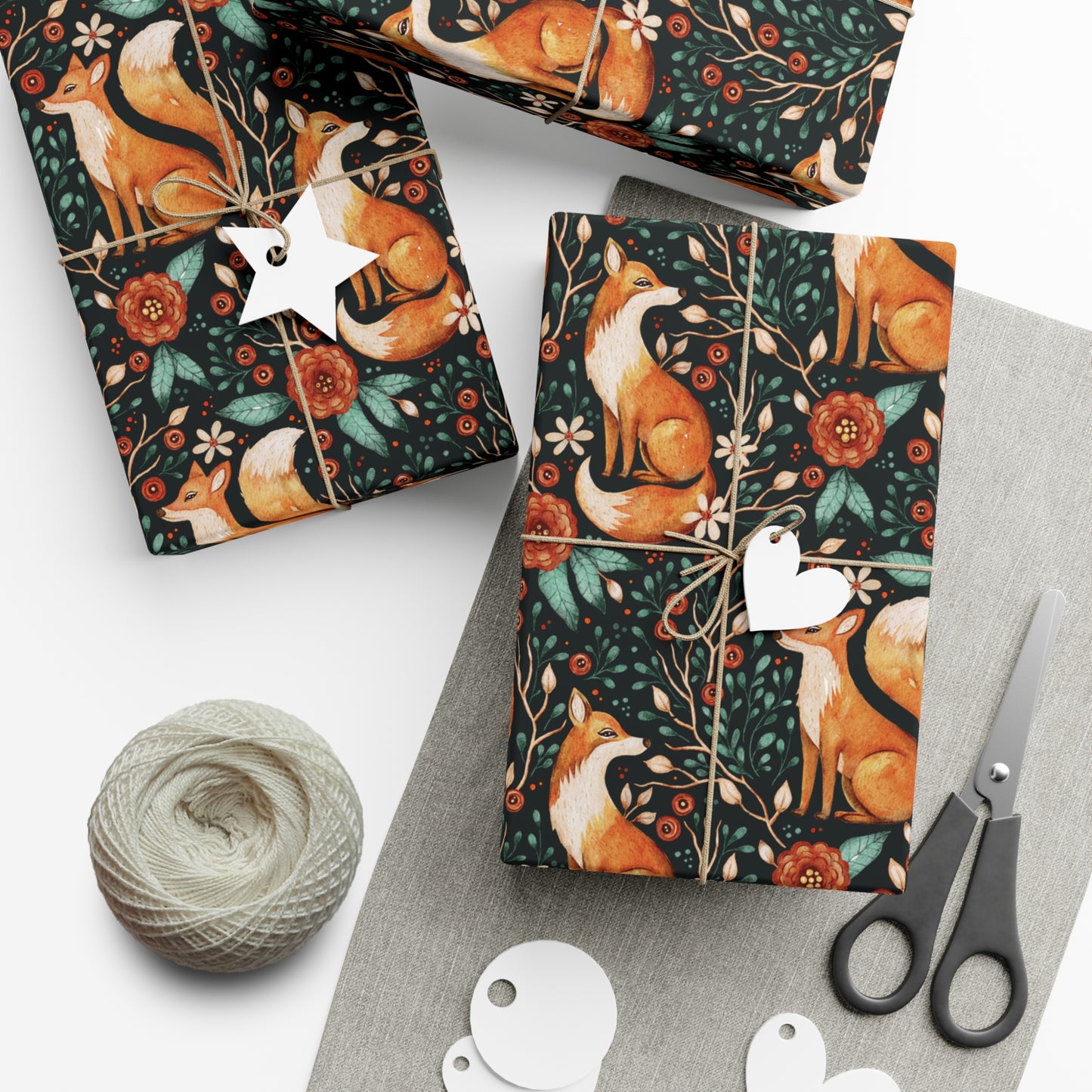 Enchanted Woodland Fox, Dark Cottagecore Watercolor Style Black Eco-Friendly Gift Wrap