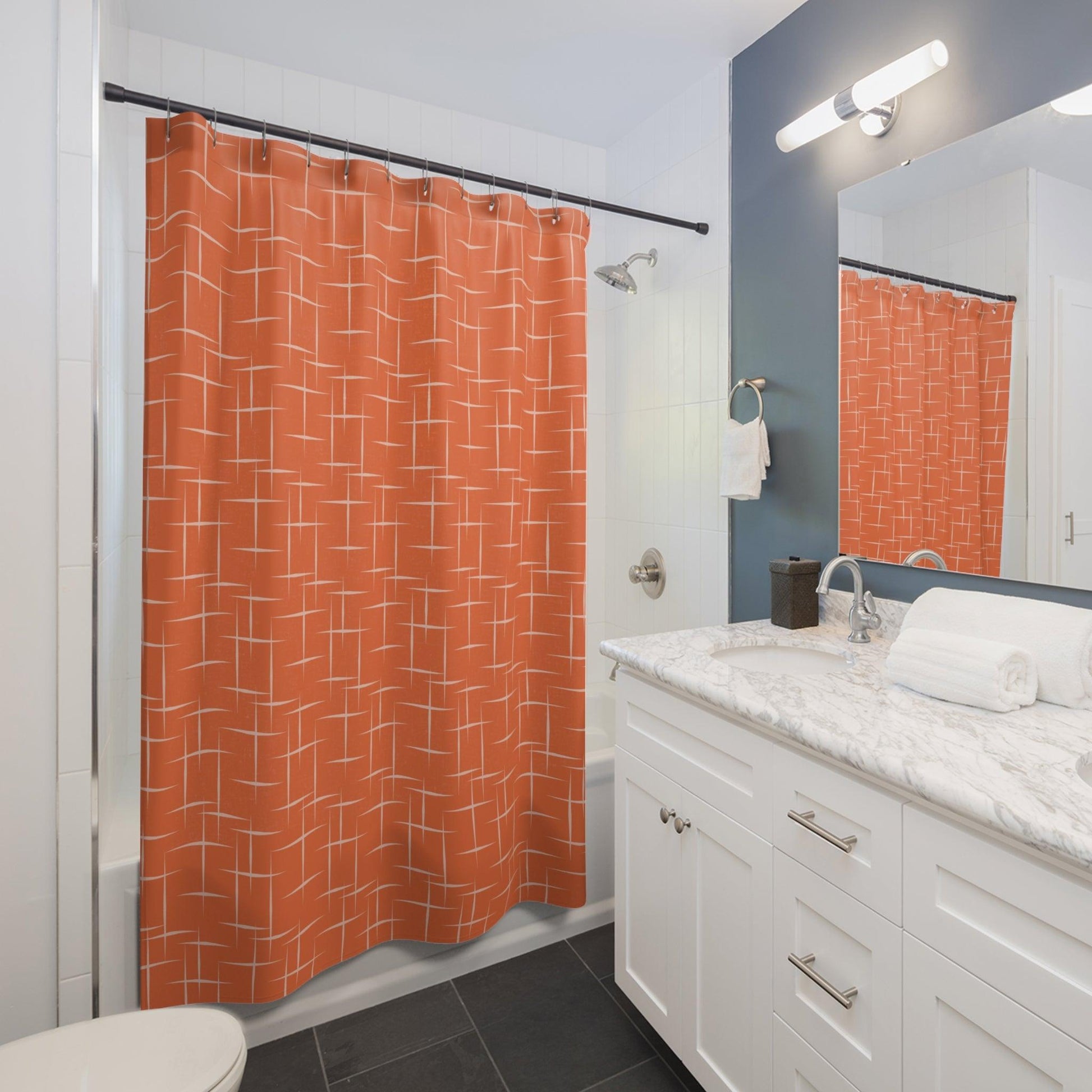 Retro 50s Abstract Lines Mid Century Modern Orange Shower Curtain | lovevisionkarma.com