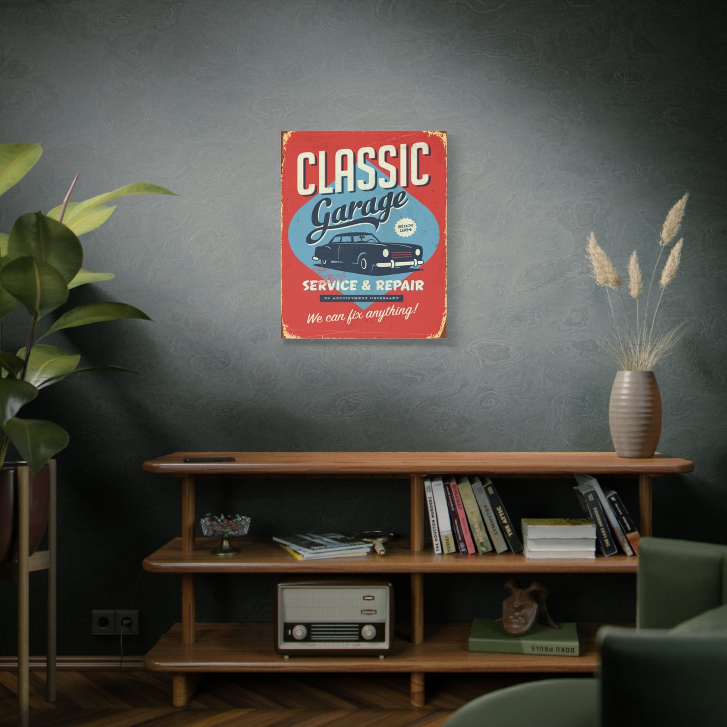 Retro 1950's Classic Car Garage Sign Mid Century Modern Orange & Blue Canvas Wall Art