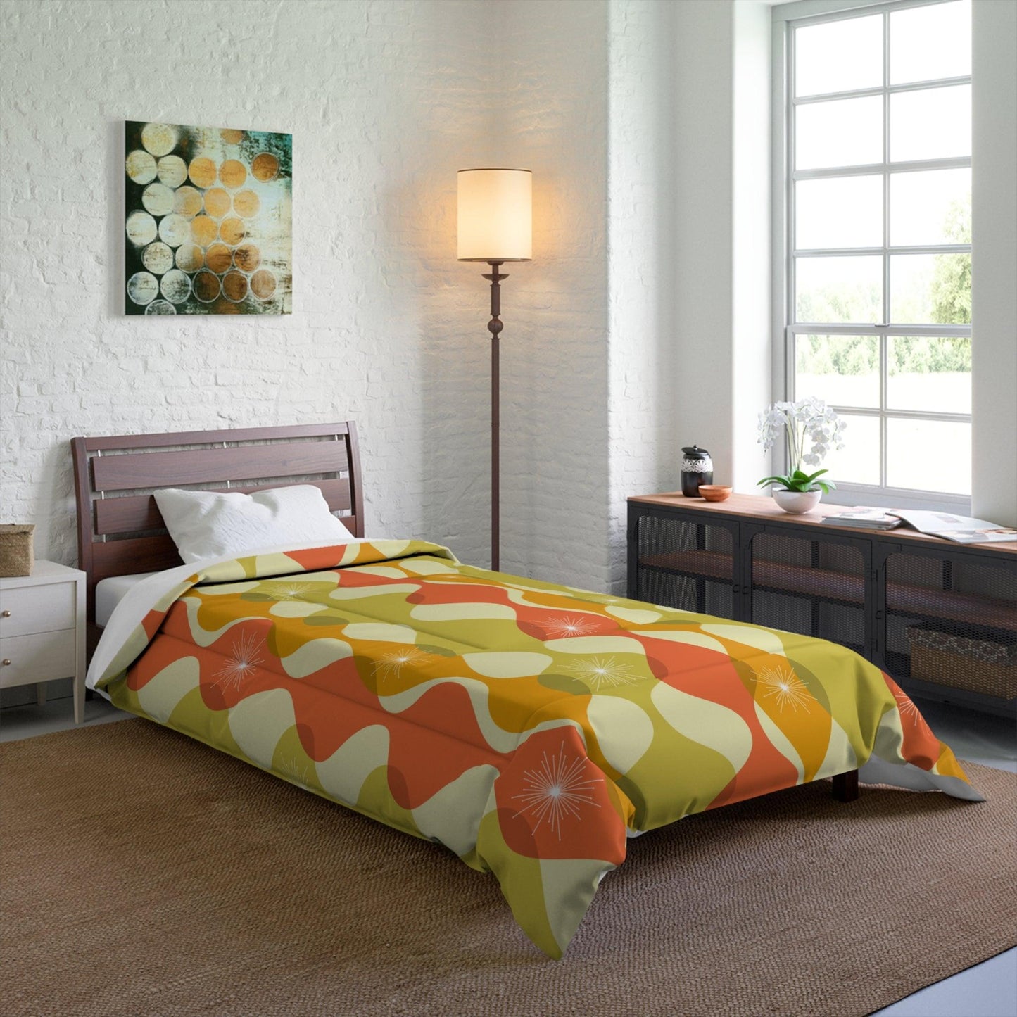 Retro 60s 70s Mid Century Mod Groovy Abstract Green, Orange & Mustard Comforter | lovevisionkarma.com