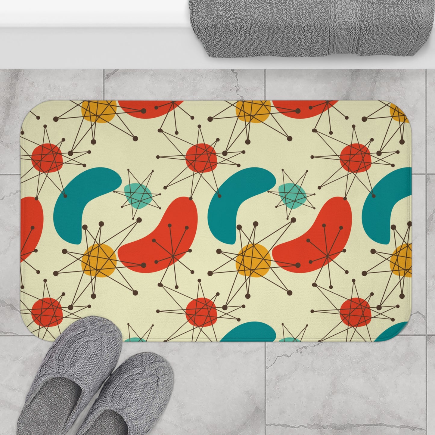Retro Atomic Boomerang 50s 60s Mid Century Modern Blue & Orange Bath Mat