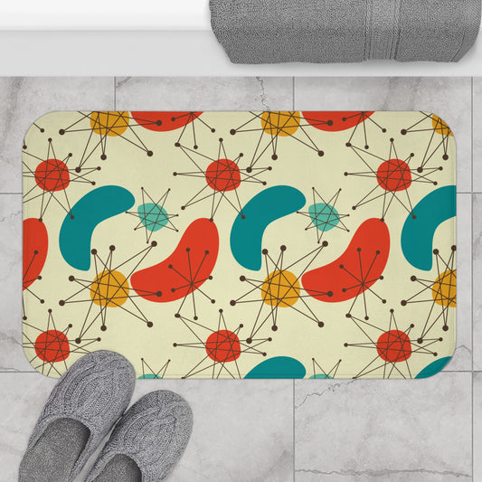Retro Atomic Boomerang 50s 60s Mid Century Modern Blue & Orange Bath Mat
