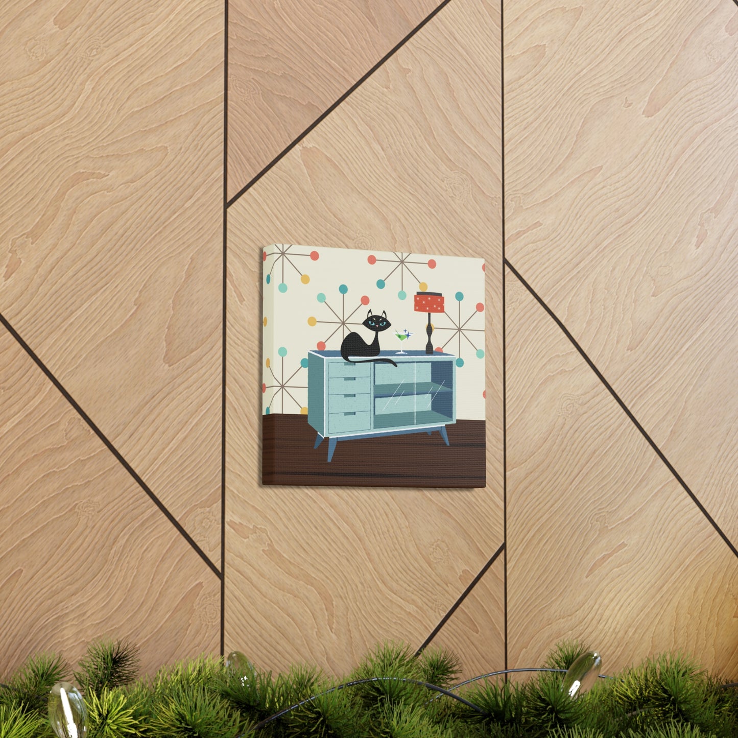 Retro 50s Atomic Cat Lounging Mid Century Mod Multicolor Canvas Gallery Wrap