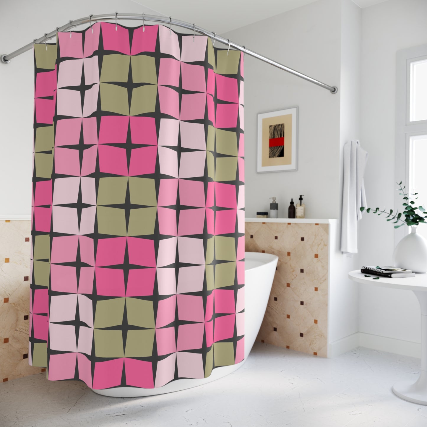 Palm Springs Inspired Retro 50s 60s Atomic Star Mid Century Mod Pink & Green Shower Curtain