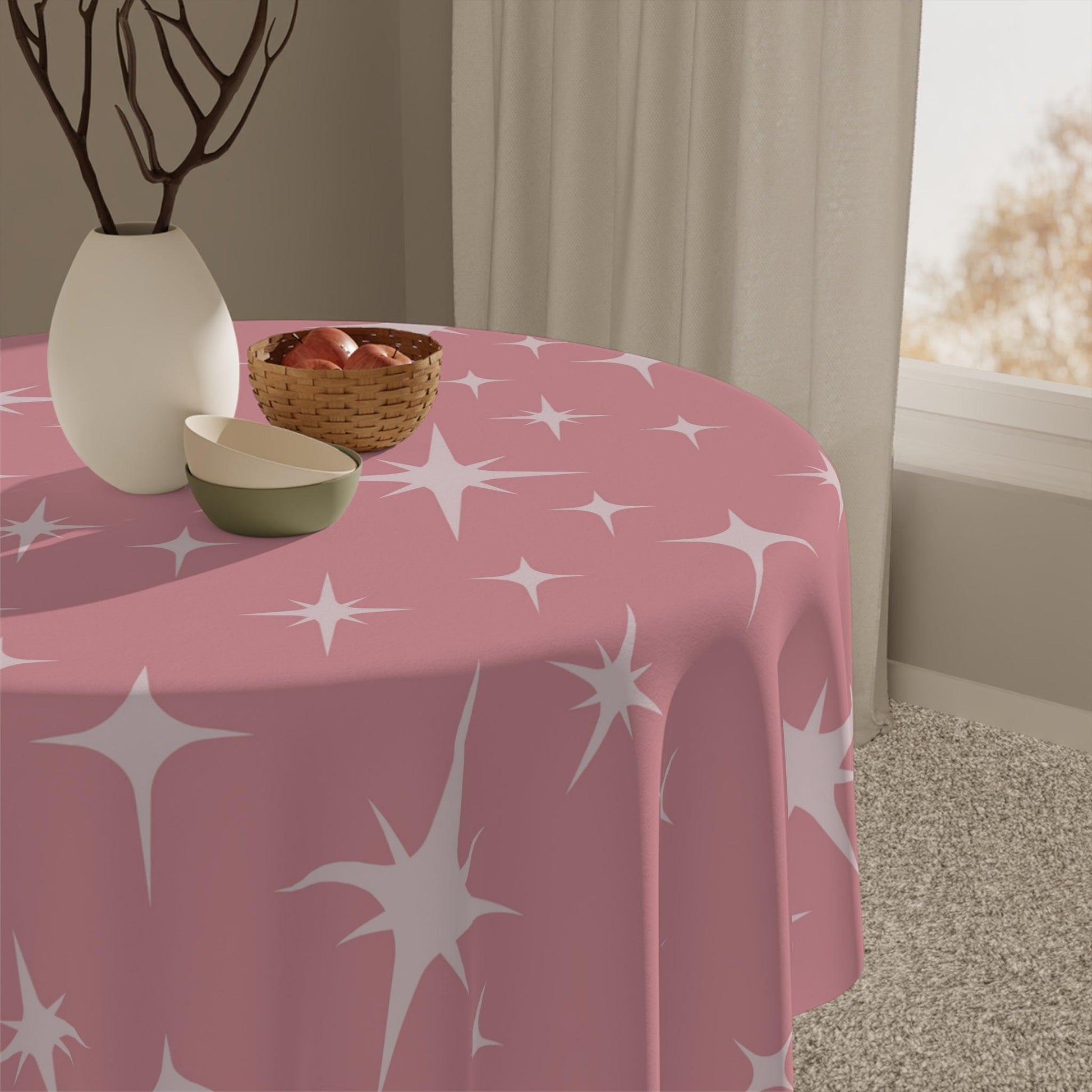 Retro 50s Atomic Starburst Pink Mid Century Modern Tablecloth | lovevisionkarma.com