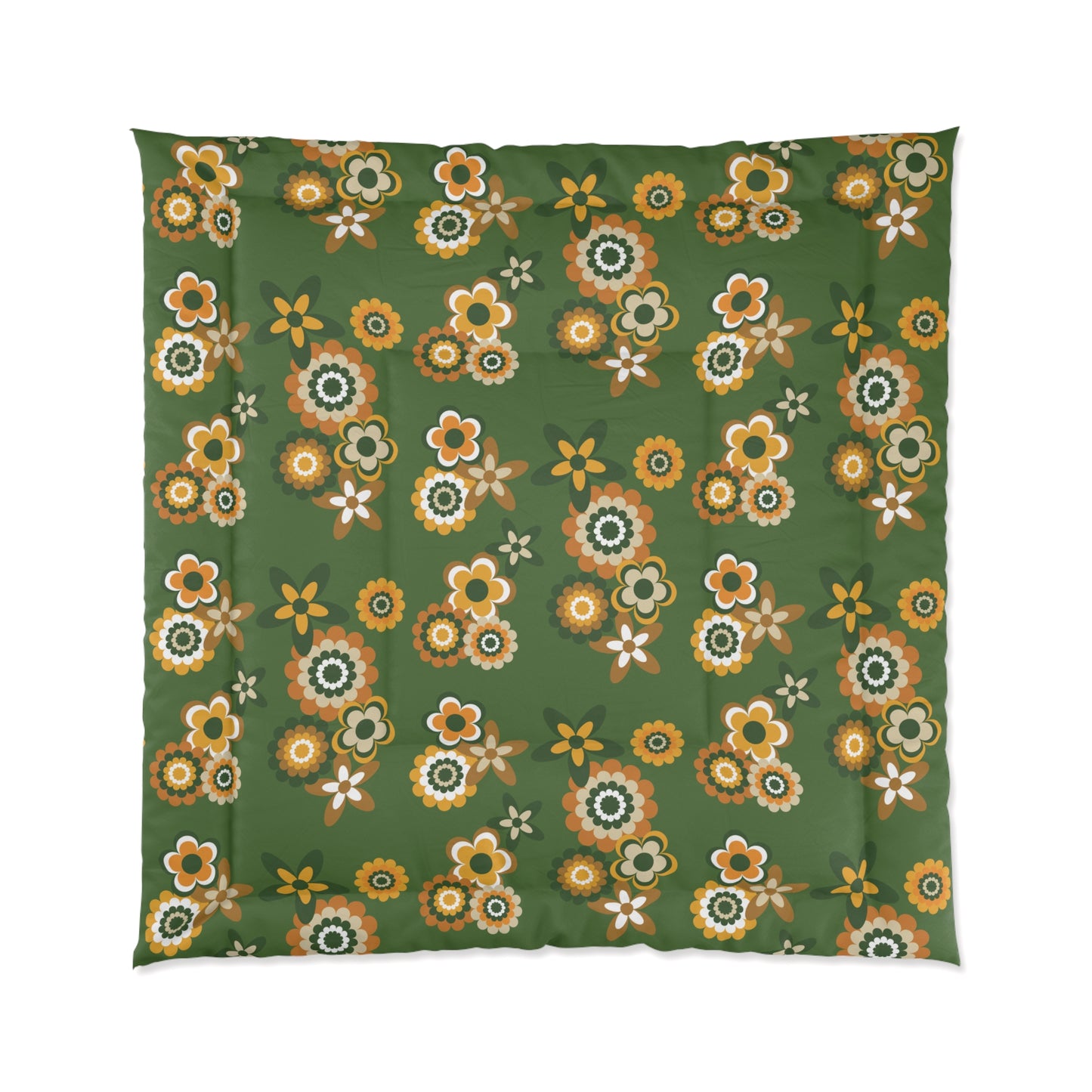 Retro 60s 70s Groovy Flowers Mid Century Mod Mustard & Green Comforter